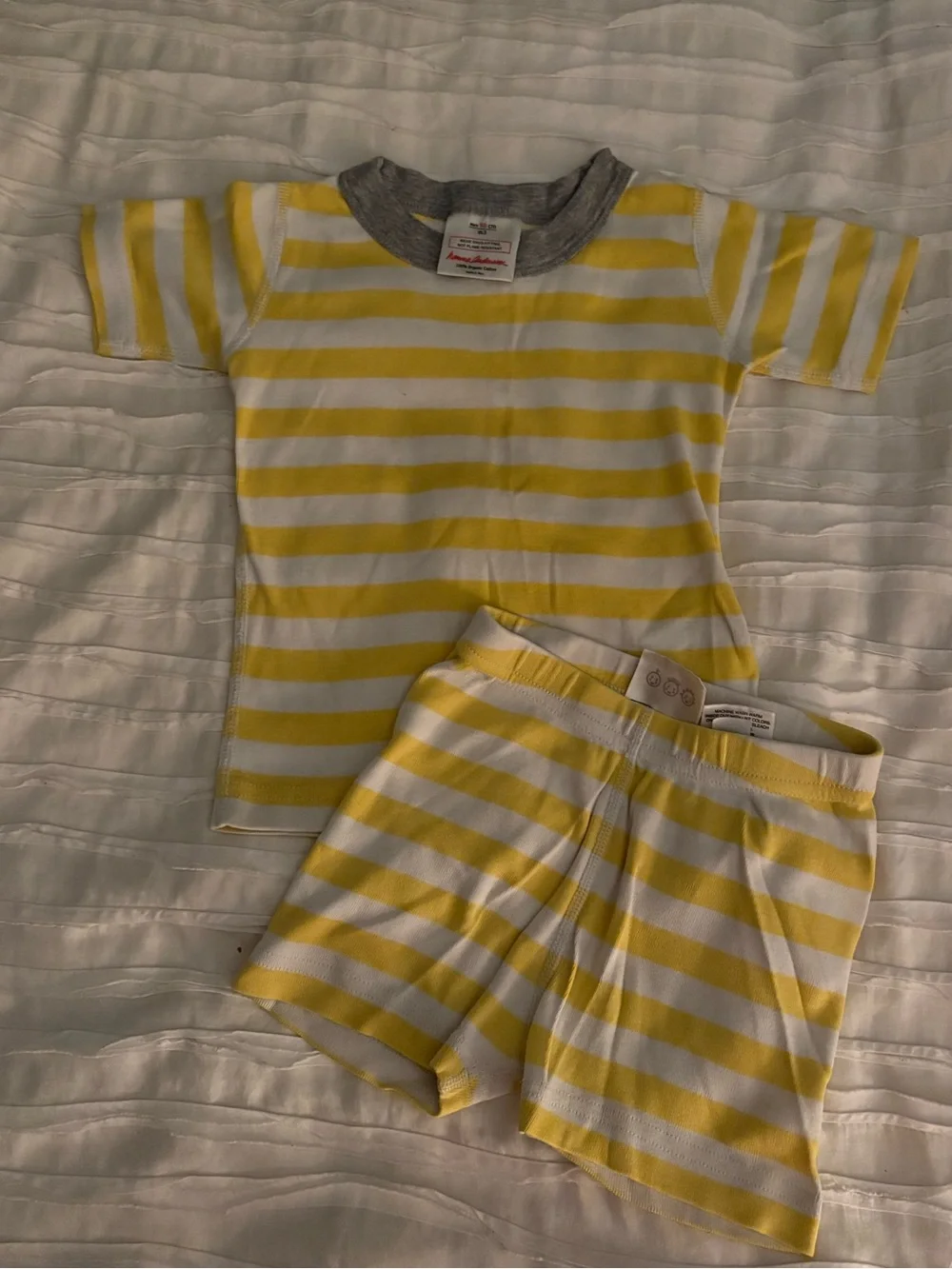 Hanna Andersson Yellow & White Striped Kids Pajama Set with Gray Neckline